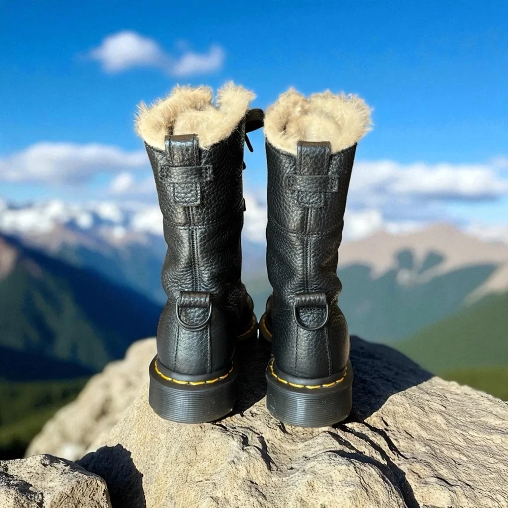 Dr. Marten’s Amilita Aunt Sally Black Leather Faux Fur Lined Boot.
